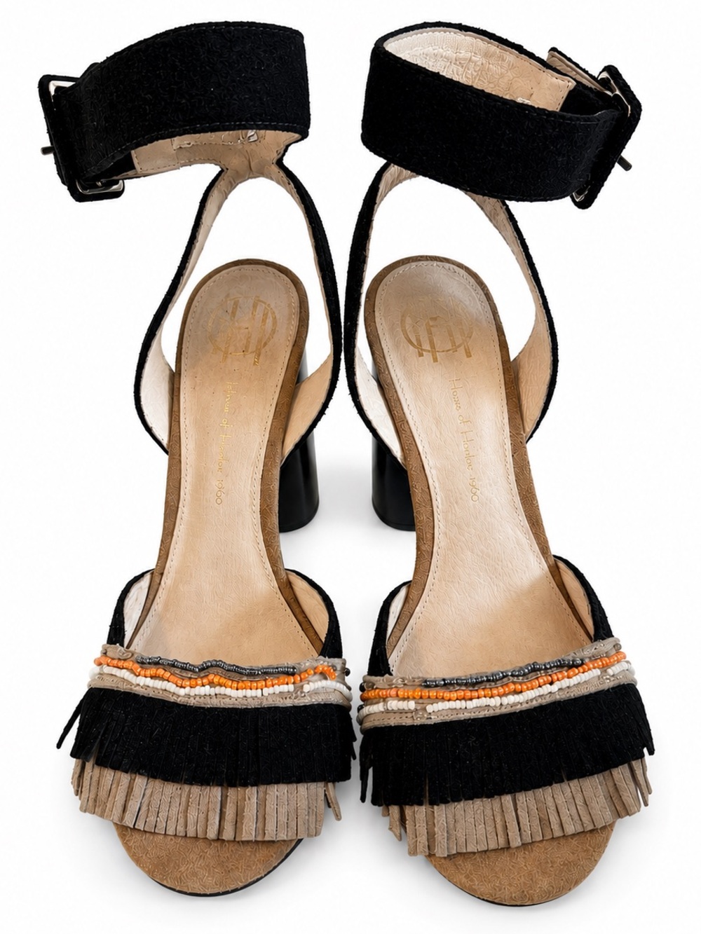 House of Harlow 1960 Beaded Fringe Block Heel Sandals Sz 9 Boho Festival Western